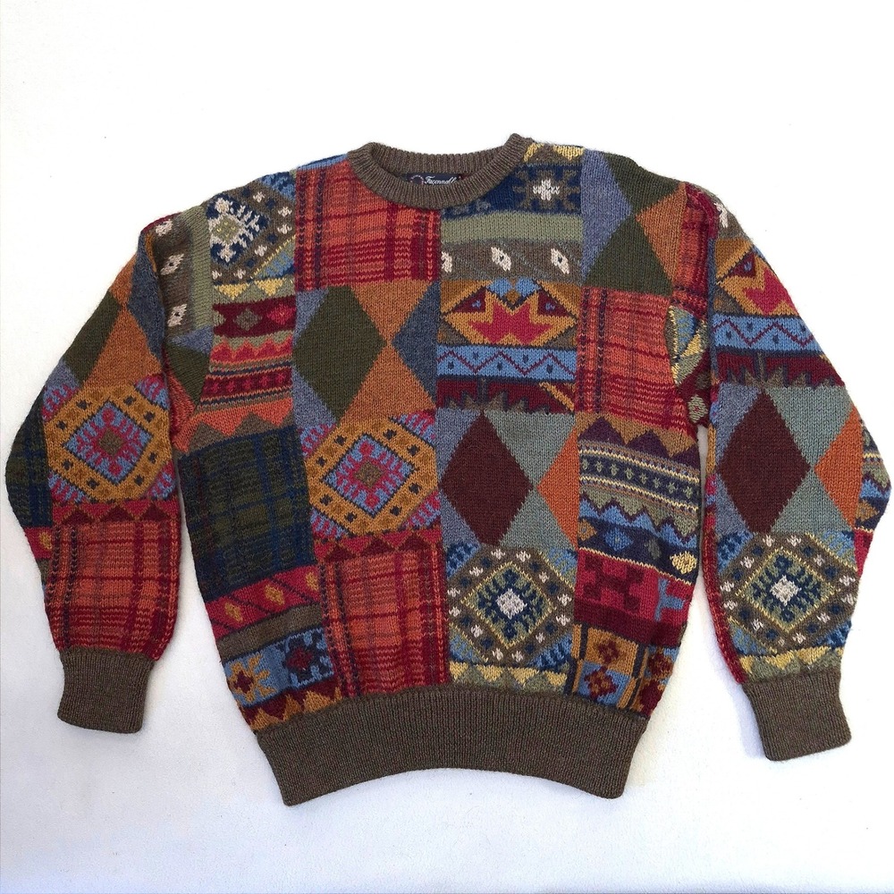 Vintage Faconnable Alpaca Patchwork Sweater Size M Vintage Boho Grandpa Core